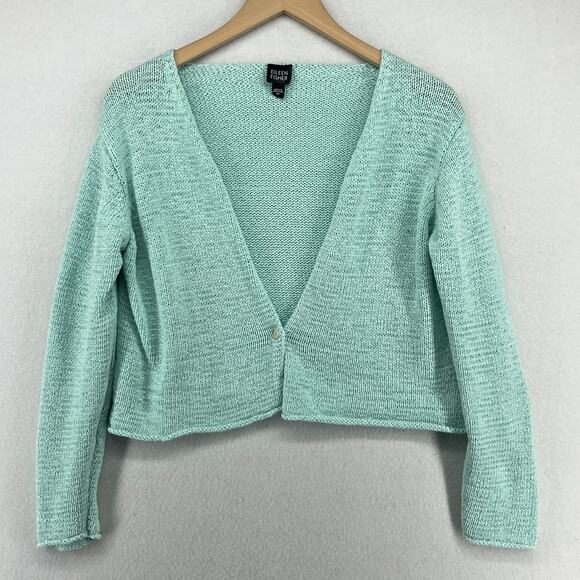 EILEEN FISHER Sweater M Cotton Tape Yarn Cardigan On Button Green HK VTG - Picture 1 of 16
